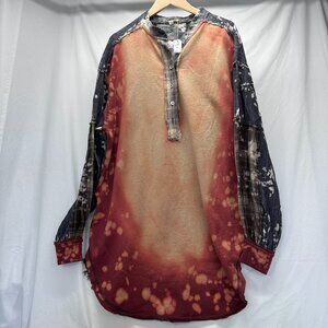 Oil & Hali Ladies Denim and Red Multi Color 1/3 Bleached Button Pullover Shirt L